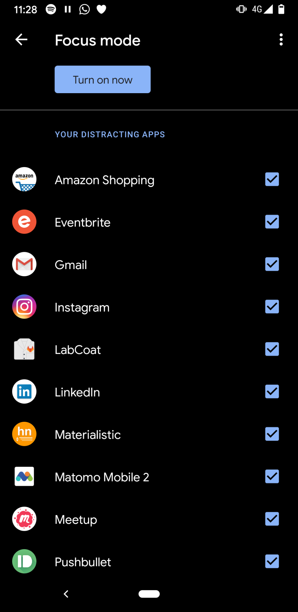 The Android Focus Mode settings listing several apps to block during Focus Mode