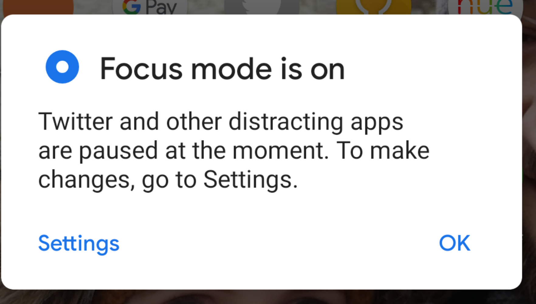 A pop-up letting the user know that focus mode is enabled, and won't allow access to the app